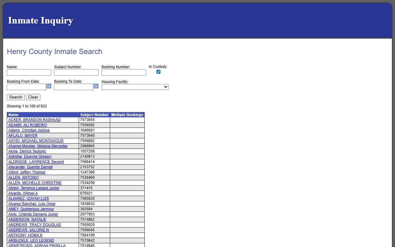 Henry County inmate population current roster results
